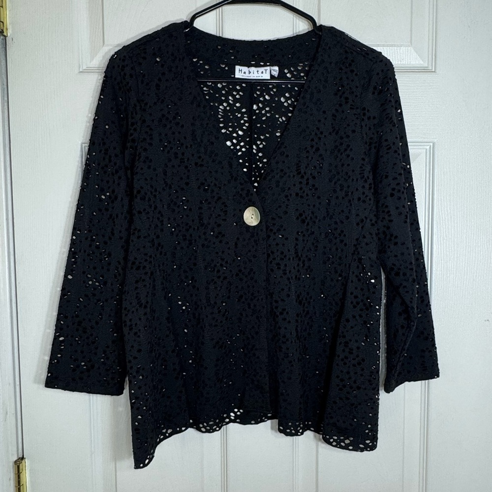 Habitat Black Eyelet Open Knit Button Cardigan Jacket Boho Travel Artsy Layering